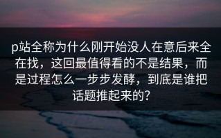 p站全称为什么刚开始没人在意后来全在找，这回最值得看的不是结果，而是过程怎么一步步发酵，到底是谁把话题推起来的？